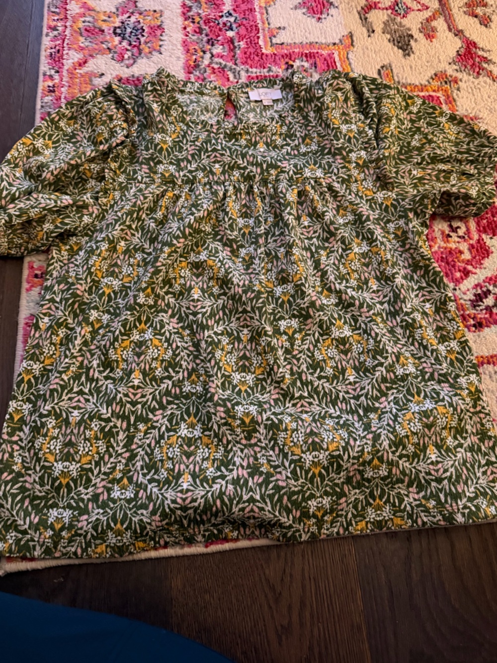 LOFT Olive Green Floral Textured Top with Pink Accents